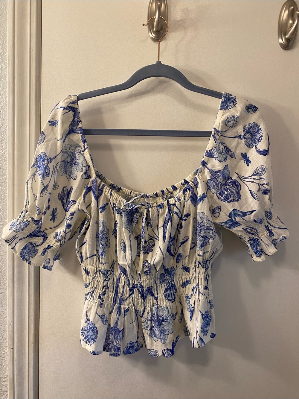 H&M White Blouse with Blue Floral Print and Smocked Waist